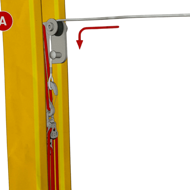 Detailansicht eines Seilsystems mit Rollen an einer gelben Struktur, gekennzeichnet mit dem Buchstaben A.