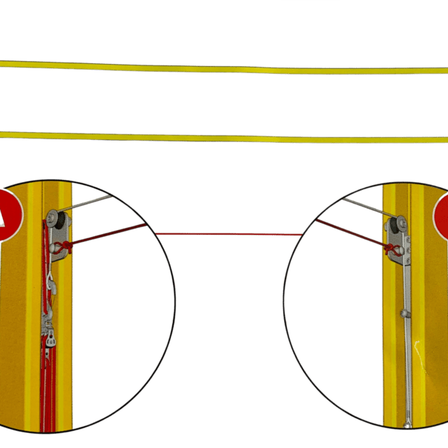 Schematische Darstellung einer gelben Tischtennisnetz-Stütze mit Vergrößerungen der Halterungen A und B.
