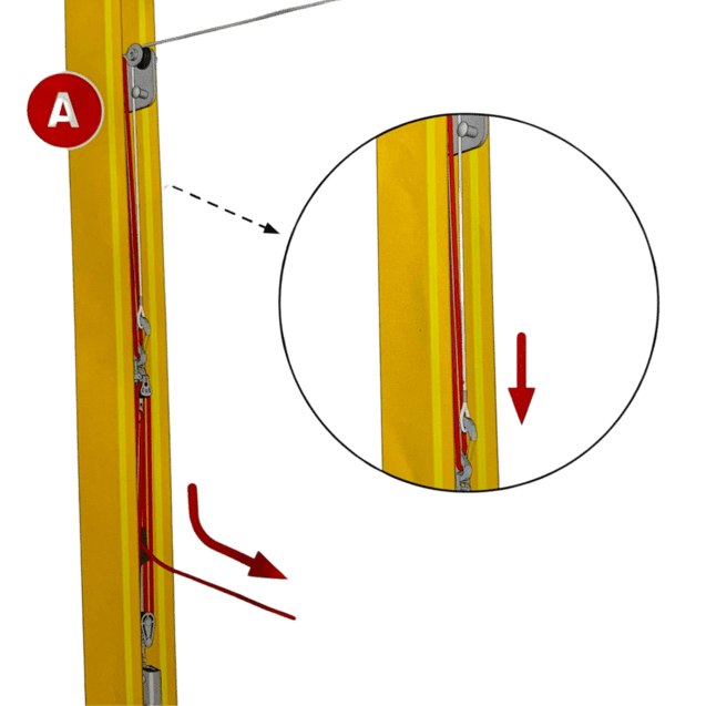 Zuschnitt einer gelben Rahmenstruktur mit einem roten Seil und Mechanismus zur Spannungsanpassung.