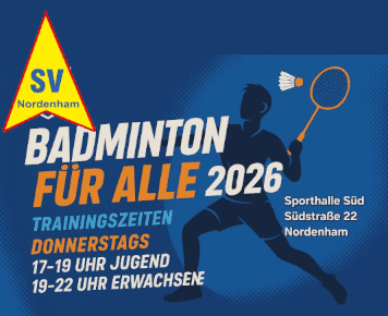 Blauer Flyer mit einem Badmintonspieler, dem Logo des Vereins und Übersicht der Trainingszeiten.