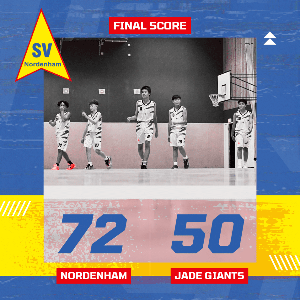 Fünf Basketballspieler in weißen Trikots gehen auf dem Spielfeld, Endstand: Nordenham 72, Jade Giants 50.