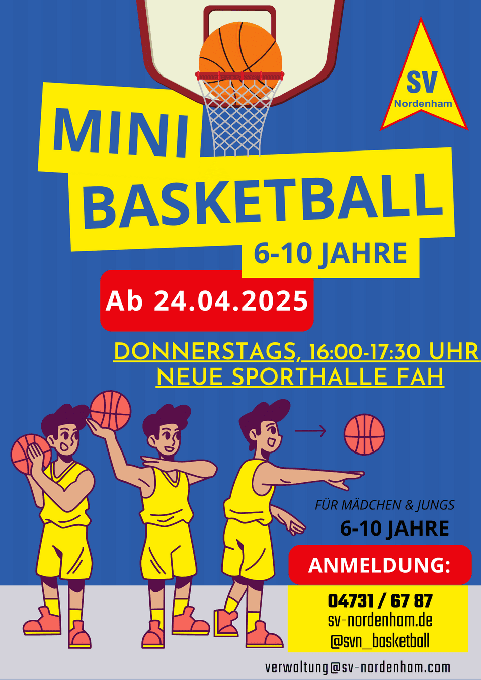Plakat für Mini-Basketball, das Informationen zu Training für Kinder von 6-10 Jahren zeigt. Termine und Kontaktinformationen angegeben.