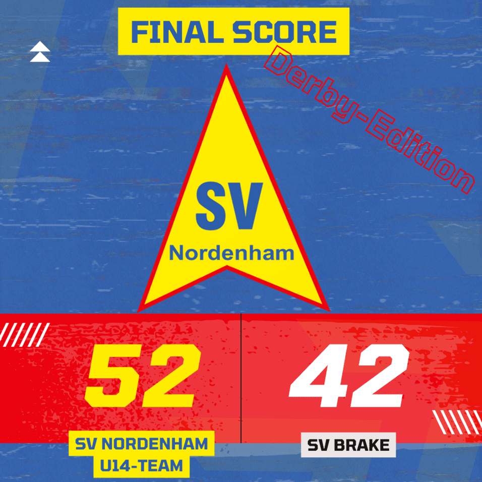 Grafik mit Ergebnis 52:42; SV Nordenham U14-Team gegen SV Brake, überschrieben mit „Final Score" und „Derby-Edition“.