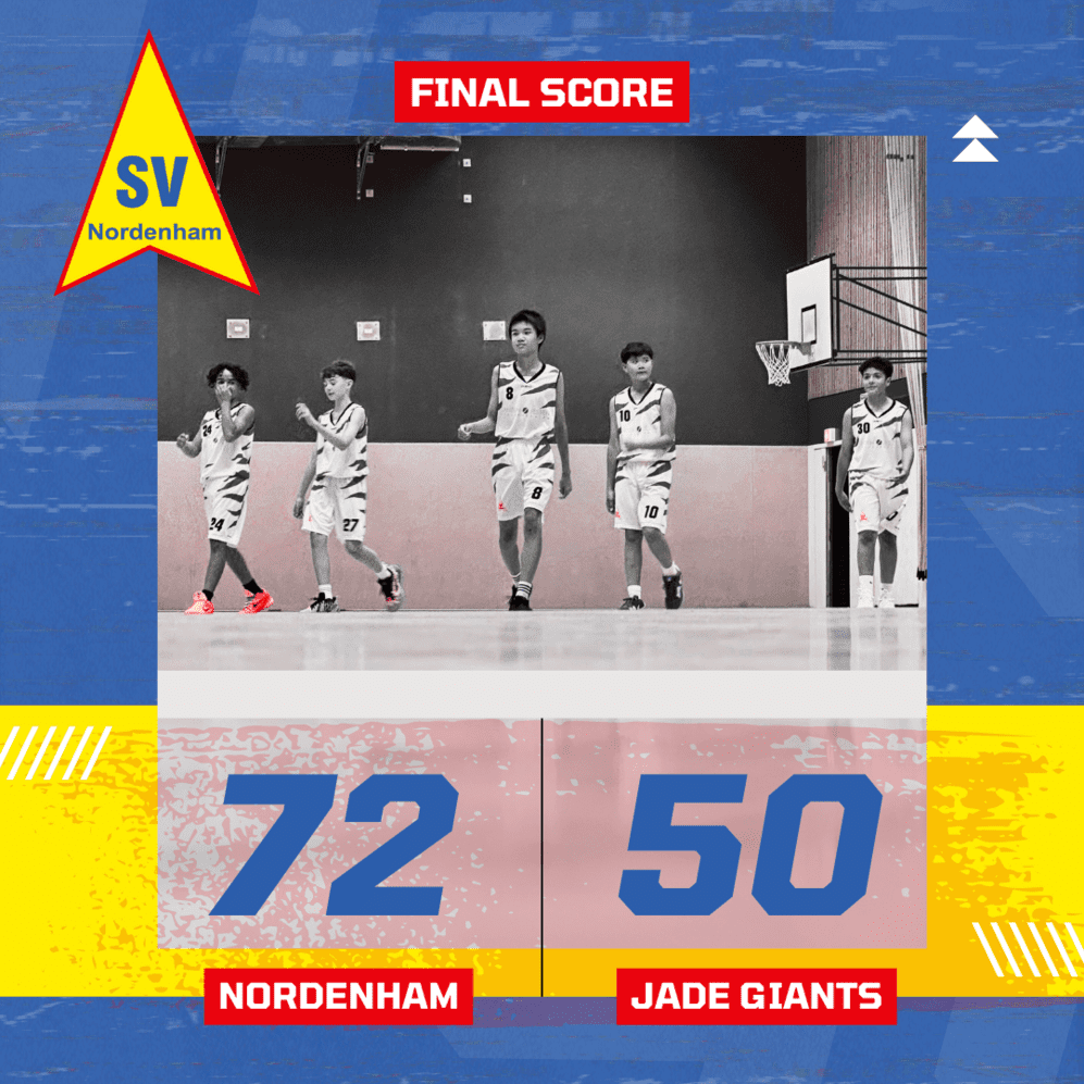 Fünf Basketballspieler in weißen Trikots gehen auf dem Spielfeld, Endstand: Nordenham 72, Jade Giants 50.