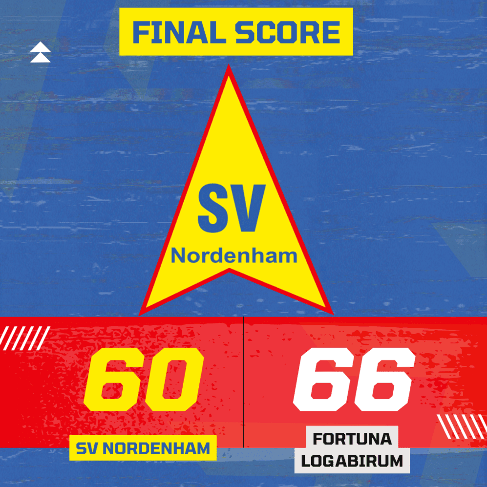 Ergebnisanzeige: SV Nordenham 60, Fortuna Logabirum 66, grafisch gestaltet mit auff&auml;lligen Farben und Layout.