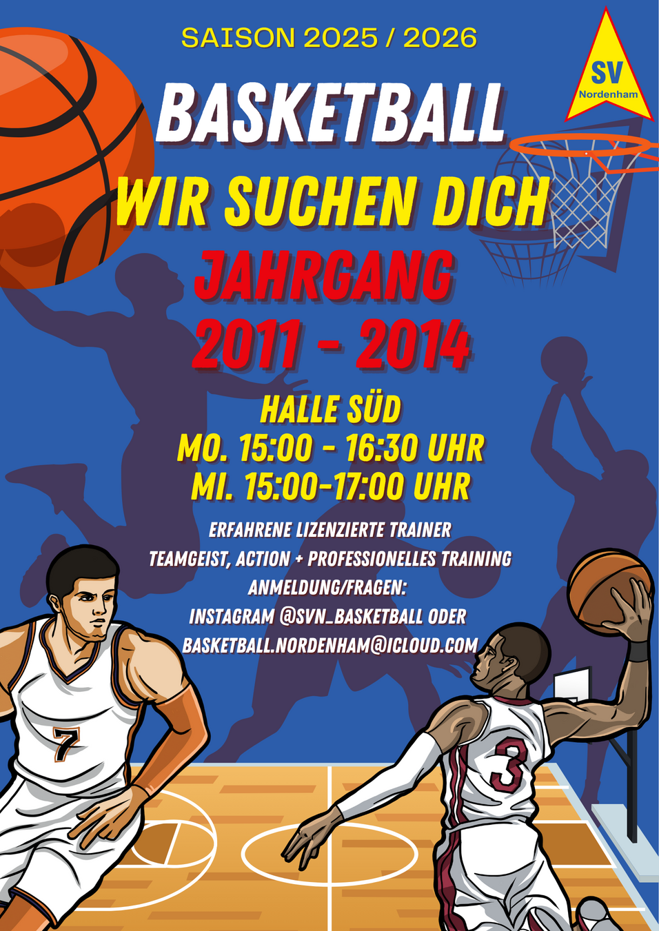 Plakat für Basketballtraining mit Informationen zu Jahrgängen, Zeiten, Hallen und Trainerangeboten, inklusive Kontaktmöglichkeiten.