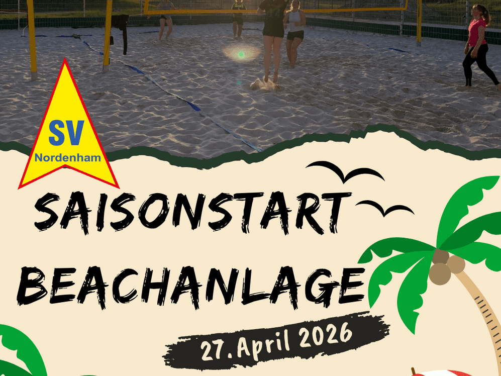 Plakat f&uuml;r den Saisonstart Beachvolleyball. Sandplatz mit Volleyballnetz und mehreren spielenden Personen bei Sonnenuntergang &uuml;ber B&auml;umen