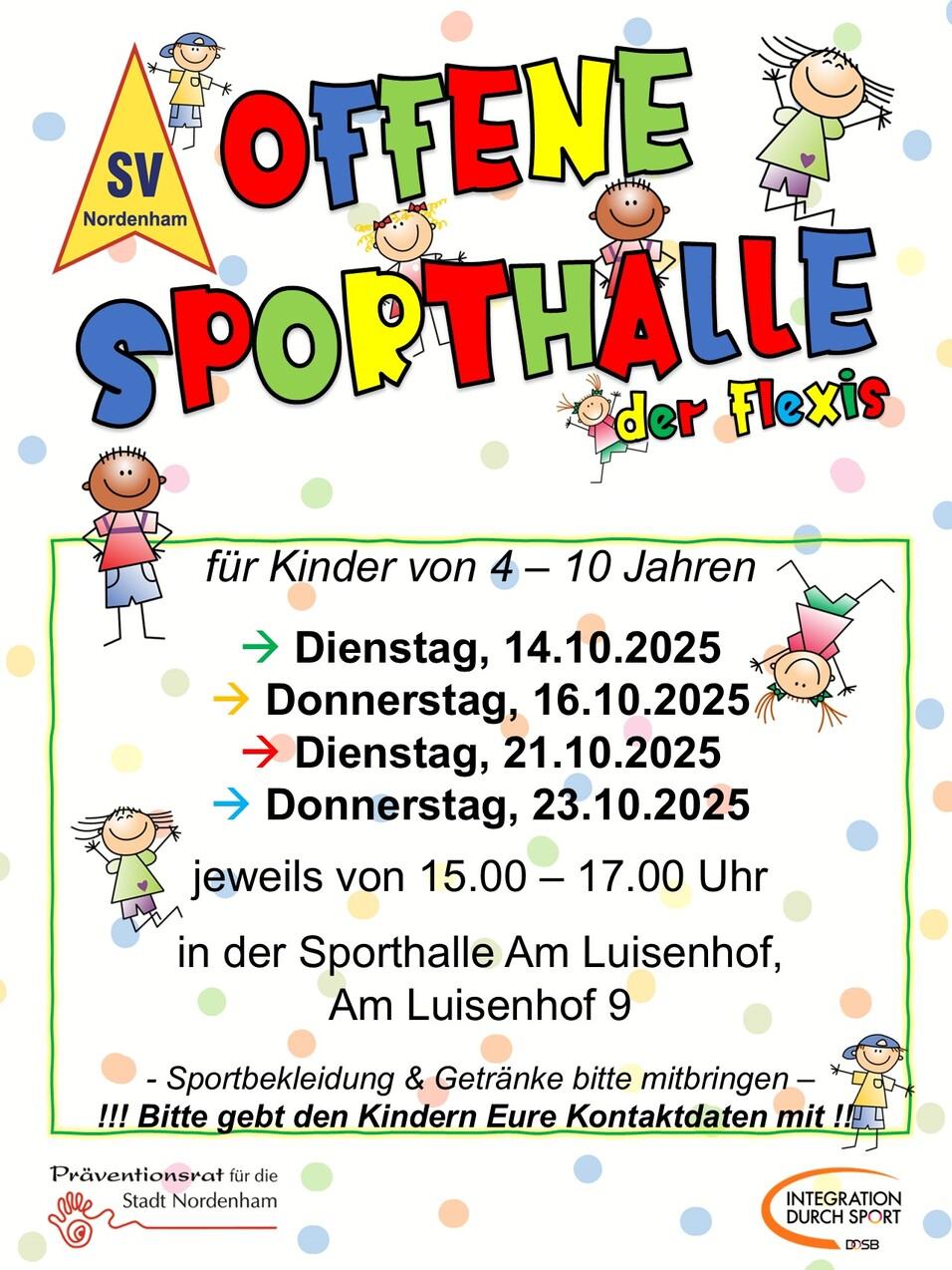 Buntes Plakat für die offene Sporthalle in Nordenham mit Terminen und Informationen für Kinder von 4-10 Jahren.