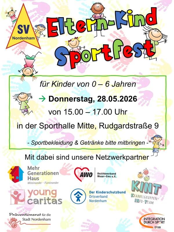 Bunt gestaltetes Plakat f&uuml;r ein Eltern-Kind-Sportfest in Nordenham mit Informationen zu Datum, Uhrzeit und Location.