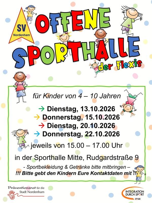 Buntes Plakat für die offene Sporthalle in Nordenham mit Terminen und Informationen für Kinder von 4-10 Jahren.