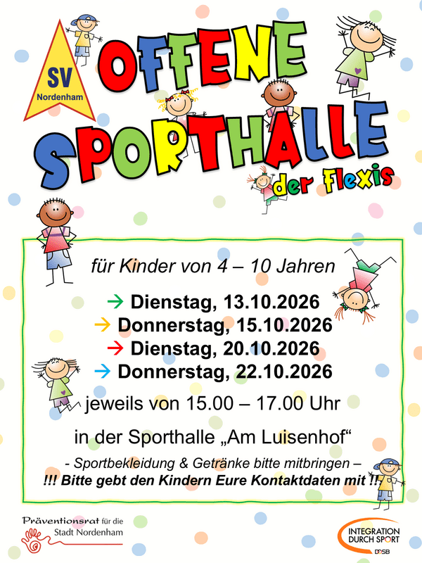 Buntes Plakat für die offene Sporthalle in Nordenham mit Terminen und Informationen für Kinder von 4-10 Jahren.