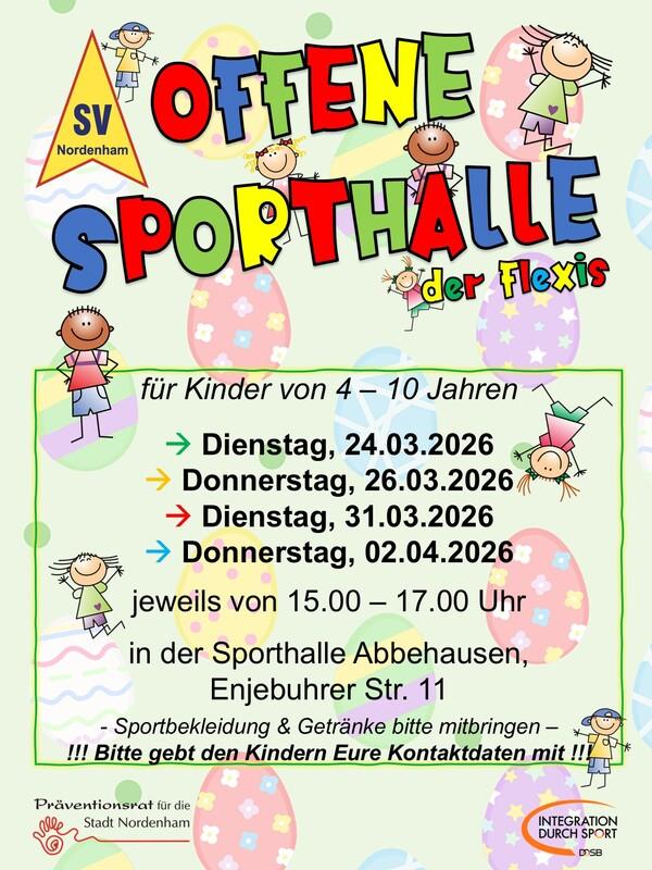 Buntes Plakat f&uuml;r die offene Sporthalle in Nordenham mit Terminen und Informationen f&uuml;r Kinder von 4-10 Jahren.