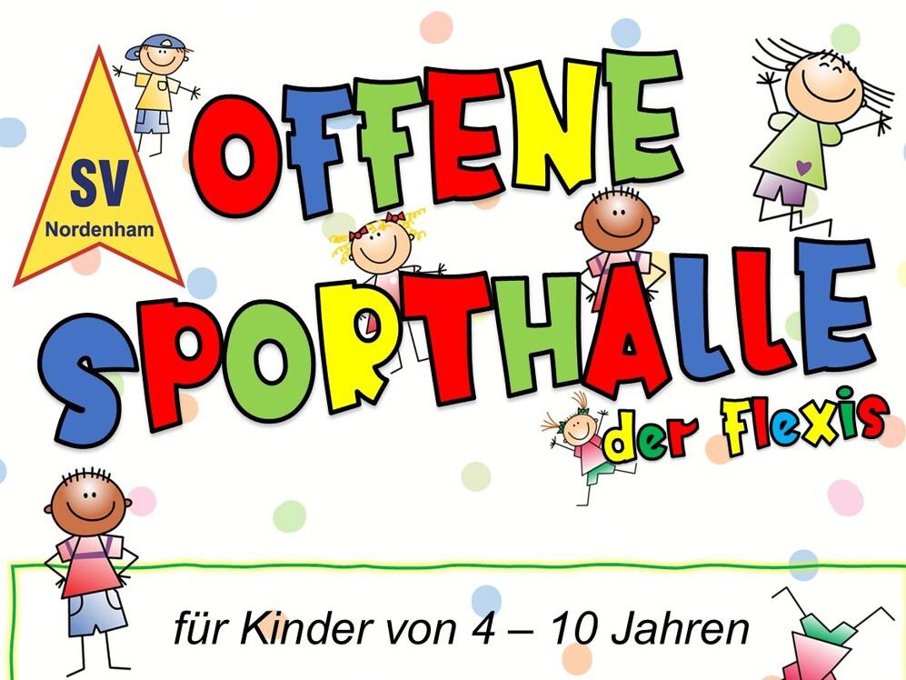 Buntes Plakat f&uuml;r die offene Sporthalle in Nordenham mit Terminen und Informationen f&uuml;r Kinder von 4-10 Jahren.