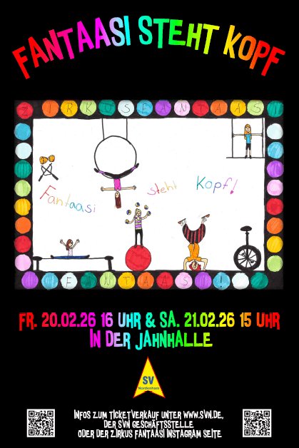 Plakat in lebhaften Farben zur Ankündigung der Aufführungen des SVN Zirkus Fantaasi, betitelt "Fantaasi steht Kopf".