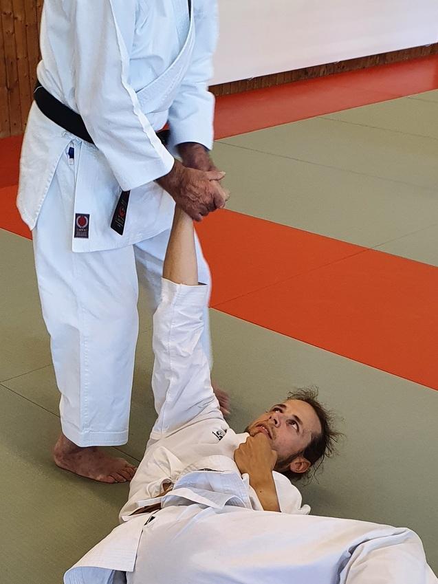 Zwei Judokas auf einer Matte, einer am Boden mit gefesseltem Arm, der andere steht und zeigt eine Technik.