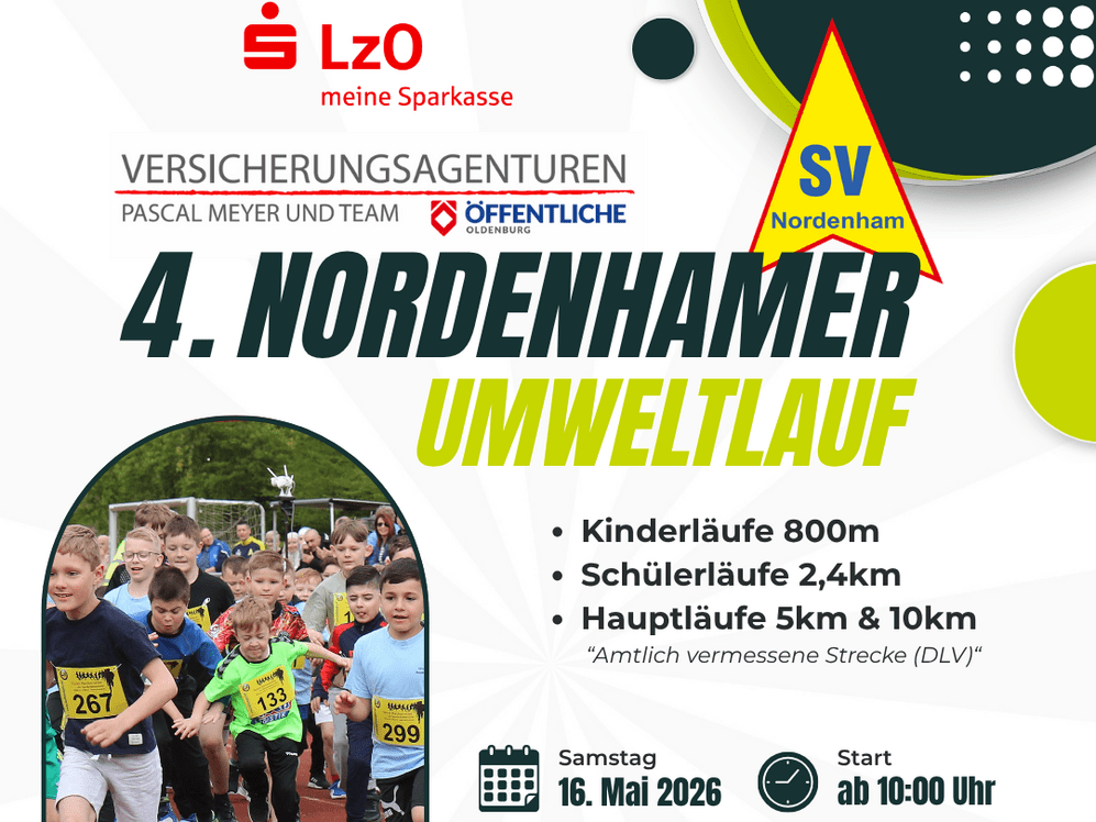 Werbeplakat f&uuml;r den 4. Nordenhamer Umweltlauf mit Foto von Kindern beim Start eines Laufs auf einer Tartanbahn.