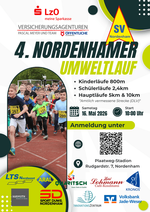 Plakat f&uuml;r den 4. Nordenhamer Umweltlauf am 26. April 2025 im Plaatwegstadion mit Informationen zu Kategorien und Anmeldung.
