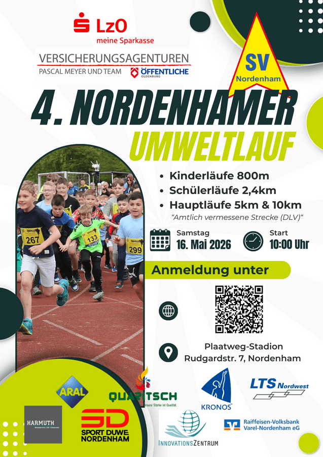 Plakat für den 4. Nordenhamer Umweltlauf am 26. April 2025 im Plaatwegstadion mit Informationen zu Kategorien und Anmeldung.