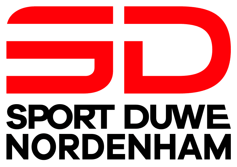 Logo von Sport Duwe Nordenham in Rot und Schwarz auf wei&szlig;em Hintergrund.