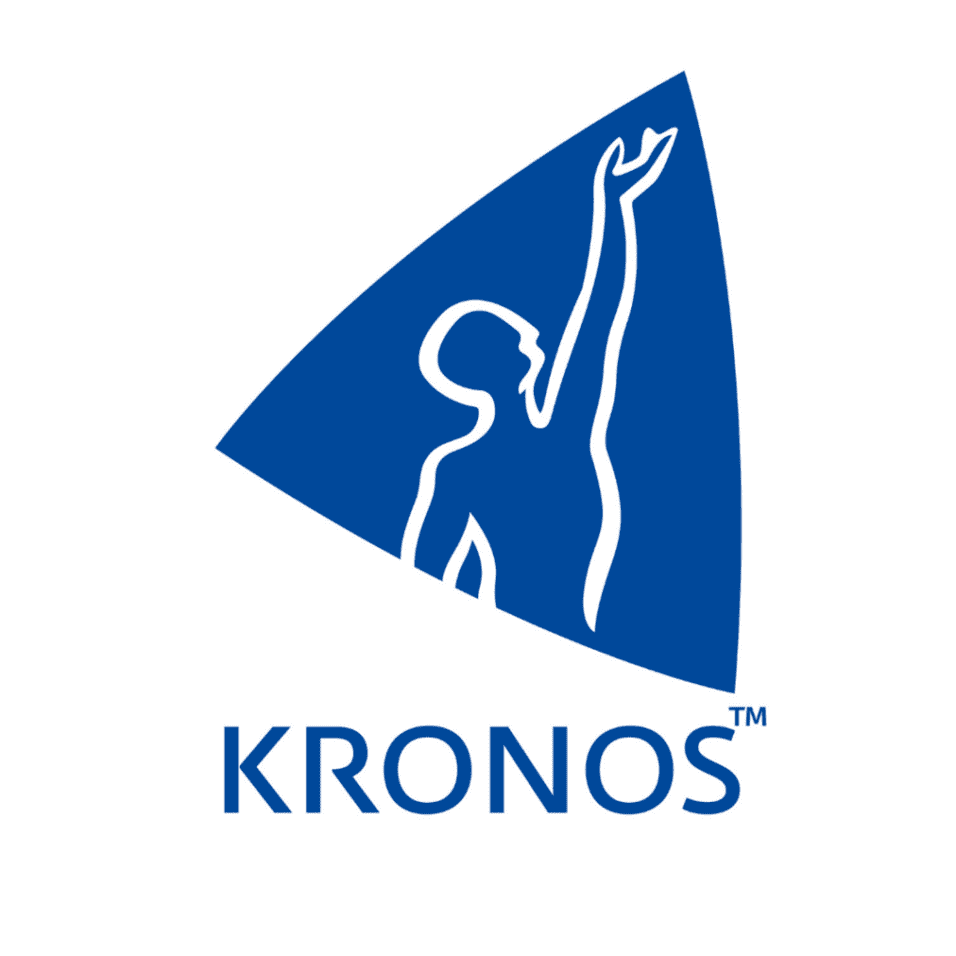 Logo von KRONOS mit stilisierter blauer menschlicher Figur, die armreichend in einer dynamischen Pose dargestellt ist.