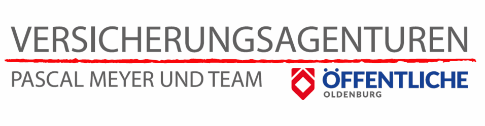 Logo der Versicherungsagentur Pascal Meyer und Team mit dem Schriftzug &bdquo;VERSICHERUNGSAGENTUREN&ldquo; in Grau und rot unterstrichen.