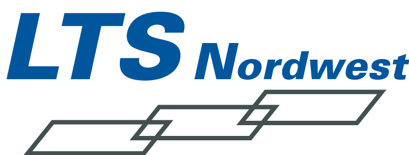 Logo von LTS Nordwest mit blauer Schrift und grauen geometrischen Linien darunter.