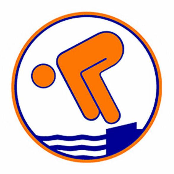 Logo mit stilisierter Figur, die ins Wasser springt, umgeben von einem runden Rahmen in Orange und Blau.