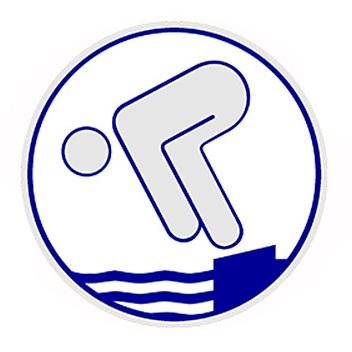 Symbol eines springenden Schwimmers über blauem Wasser in einem runden, weißen Hintergrund.