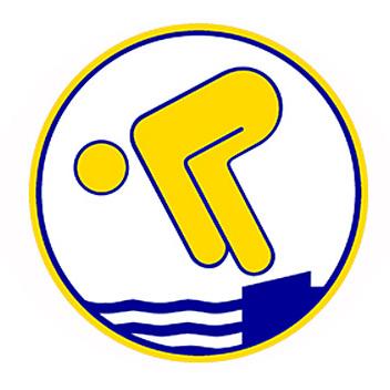 Grafisches Logo mit gelber Figur im Sprung auf blauen Wasserwellen vor weißem Hintergrund im kreisförmigen Rahmen.