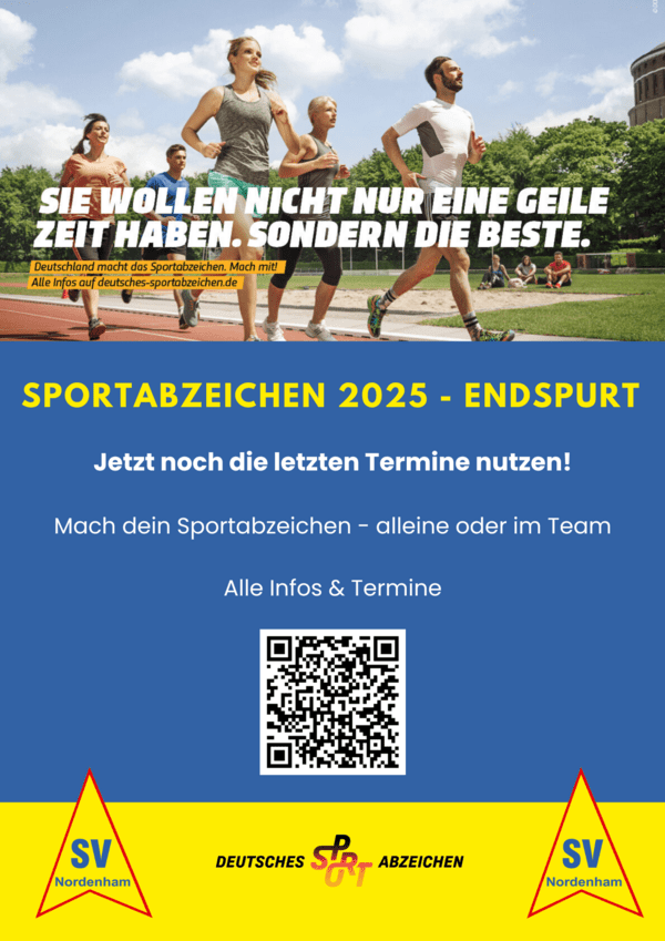 Läufergruppe auf einer Sportstrecke, Werbung für das Sportabzeichen 2025 mit QR-Code und Eventinformationen.