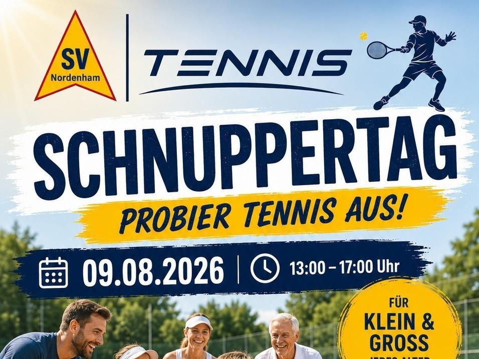 Werbeplakat mit großem Schriftzug »SCHNUPPERTAG«, Tennisballgrafik, mehreren Tennisabbildungen und Infokästen mit Details zur Veranstaltung.