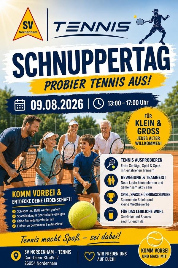 Werbeplakat mit großem Schriftzug »SCHNUPPERTAG«, Tennisballgrafik, mehreren Tennisabbildungen und Infokästen mit Details zur Veranstaltung.