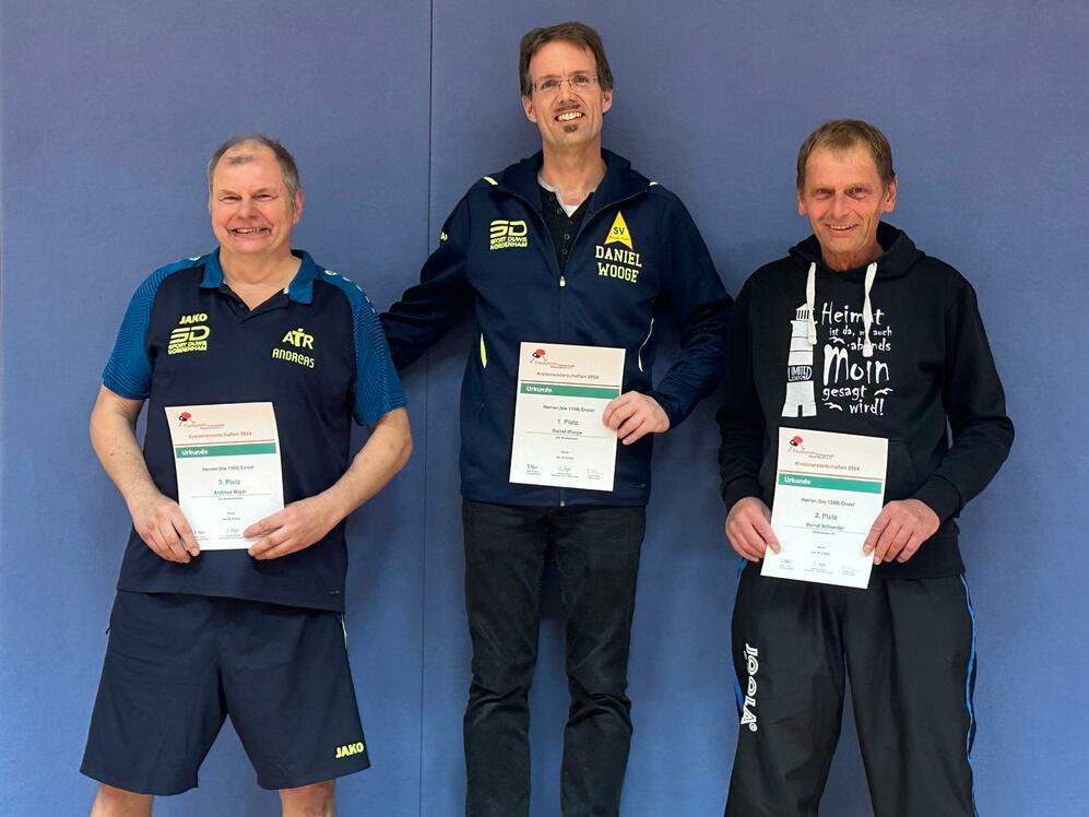 Drei M&auml;nner stehen auf einem Podest und halten Urkunden f&uuml;r erfolgreiche Wettk&auml;mpfe in der Hand.