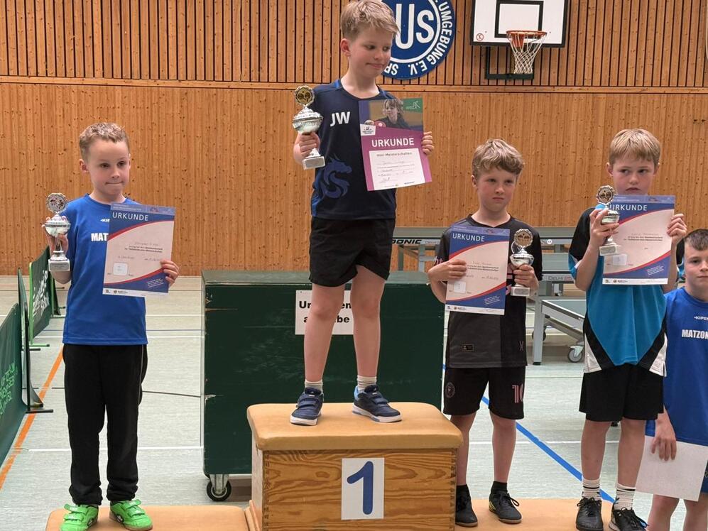 F&uuml;nf Jungen in Sportkleidung stehen in einer Turnhalle auf einem dreistufigen Siegerpodest und halten Urkunden und Pokale