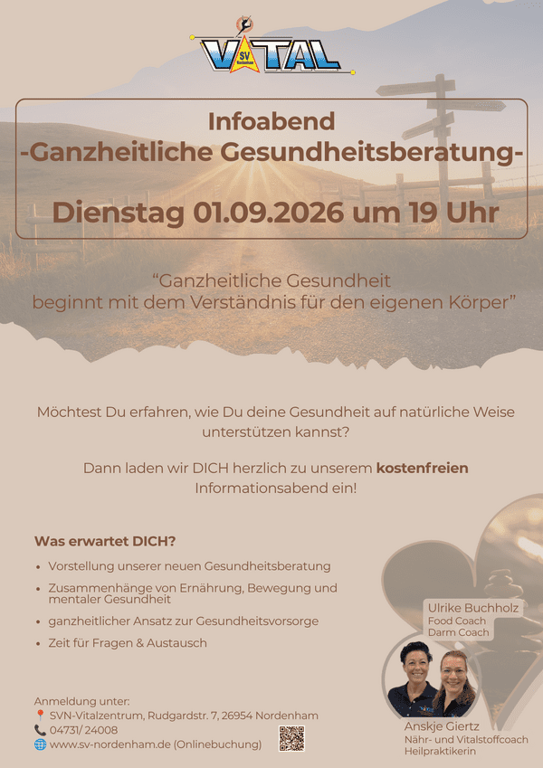 Flyer mit dem Titel 'Infoabend Ganzheitliche Gesundheitsberatung' und Datum 'Dienstag 01.09.2026 um 19 Uhr', darunter Text mit Veranstaltungsdetails und Kontaktdaten, im Hintergrund unscharfe Ballons und Sonnenlicht.