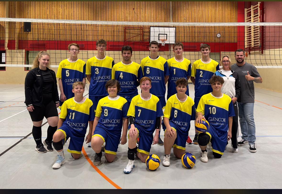 Gruppenfoto einer Volleyballmannschaft in blauen und gelben Trikots, stehend und kniend, mit Volleyballs in der Hand.