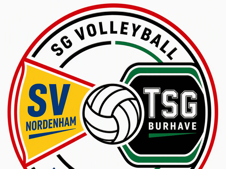 Rundes Vereinslogo mit einem stilisierten Volleyball in der Mitte, links gelbes Dreieck mit 'SV Nordenham', rechts schwarzes Rechteck mit 'TSG Burhave', au&szlig;en rote und gr&uuml;ne Kreise sowie die Schriftz&uuml;ge 'SG Volleyball', 'Nordenham', 'Burha