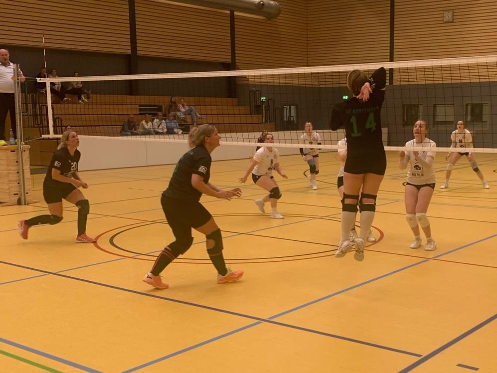 Sporthalle w&auml;hrend eines Volleyballturniers, Spieler in Aktion und Zuschauer auf den Trib&uuml;nen.