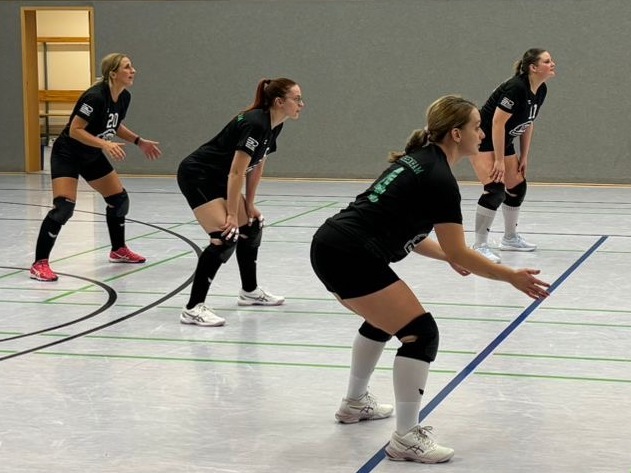 Volleyballteam spielt auf einem Hallenplatz, Athleten in dynamischen Posen w&auml;hrend eines Spiels.