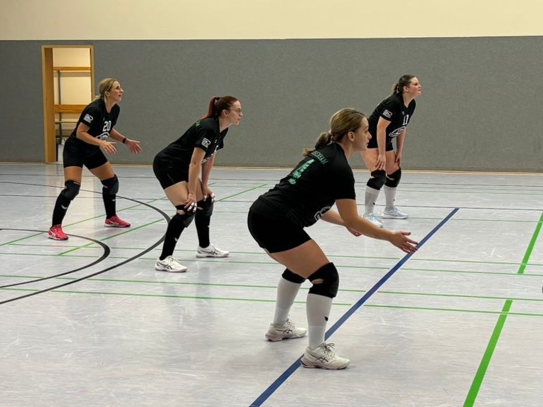 Volleyballteam spielt auf einem Hallenplatz, Athleten in dynamischen Posen w&auml;hrend eines Spiels.