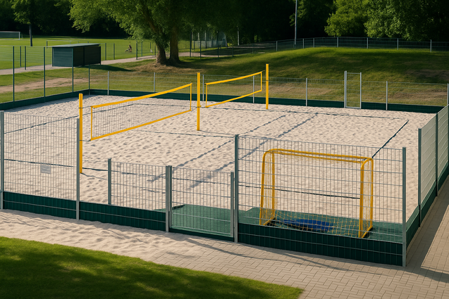 Sandplatz mit gelben Volleyballnetzen und einem kleinen Fu&szlig;balltor, umgeben von einem niedrigeren Zaun.