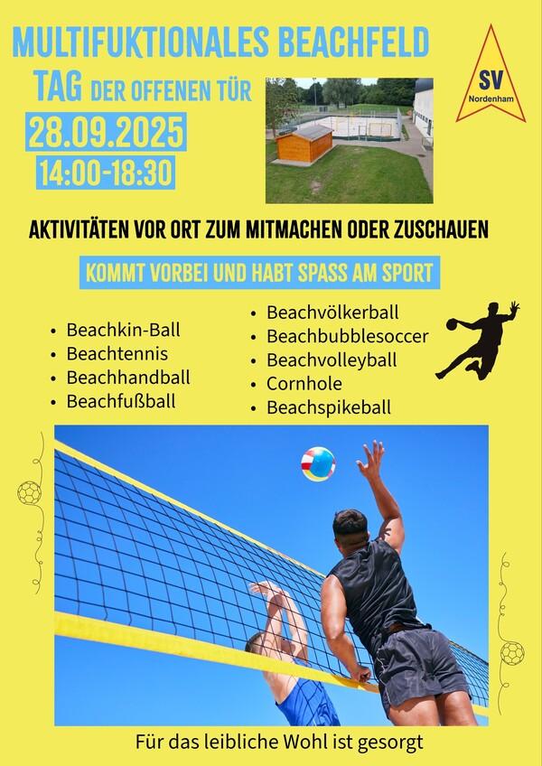 Flyer für ein Tag der offenen Tür am 28.09. ab 14.00 – 18.00 Uhr mit dem Text "multifunktionales Beachfeld"