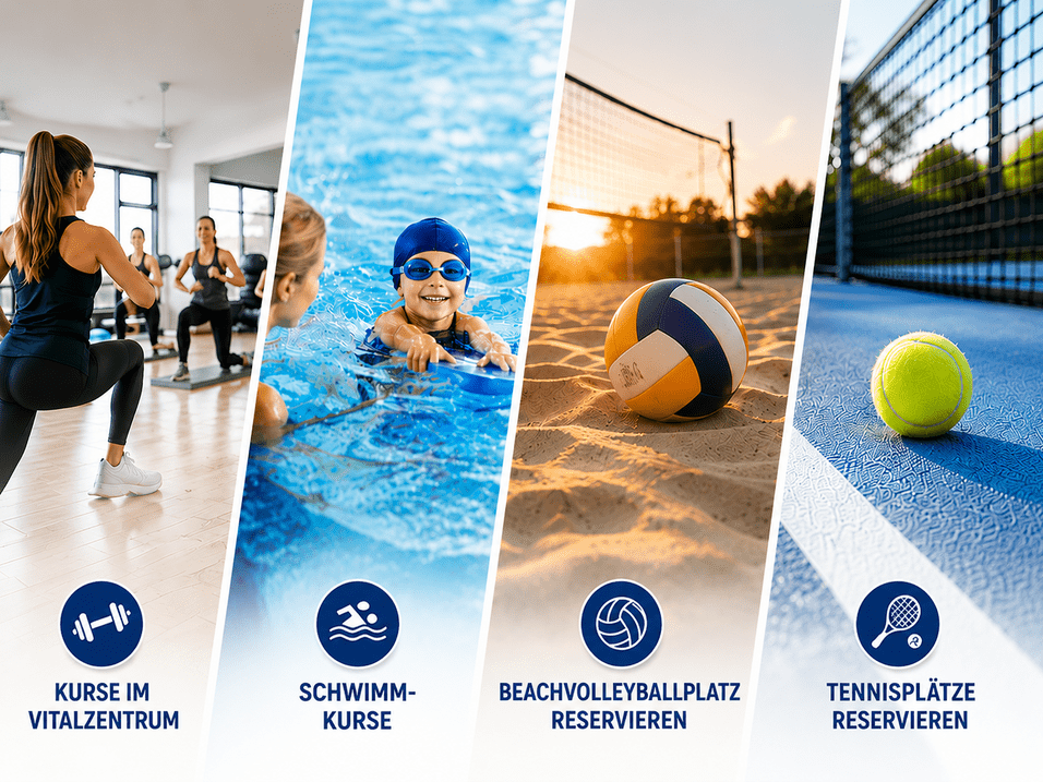 Vier geteilte Bildabschnitte mit einer Frau beim Fitnesskurs, einem Kind mit Schwimmbrille im Wasser, einem Volleyball auf Sand und einem Tennisball auf Sandplatz.