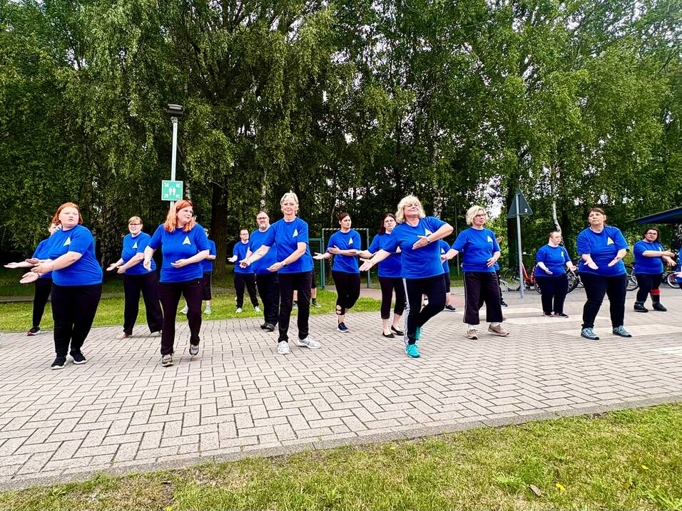Gruppe von Menschen in blauen T-Shirts tanzt synchron auf einer gepflasterten Fl&auml;che im Freien vor B&auml;umen.