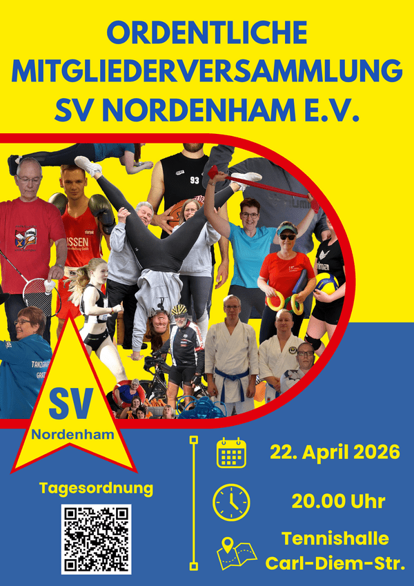 Buntes Plakat zur ordentlichen Mitgliederversammlung des SV Nordenham e.V. mit Sportbildern und Veranstaltungsdetails.